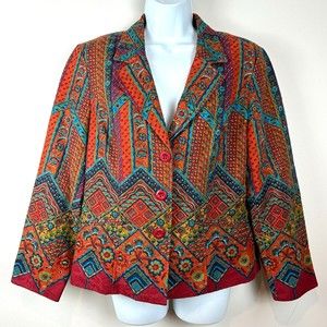 Coldwater Creek NWT Ethnic Stripe Red Blue Blazer Jacket 14 Petite